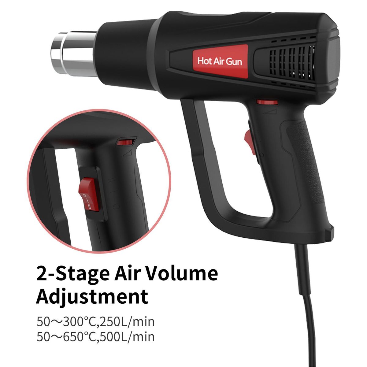 Heat Gun 2000W Variable Temperature Settings  120°F~1200°F (50°C~650°C)Heavy Duty Hot Air Gun Kit  with 2 Air Volume Setting, with 5 Nozzles for Crafts, Shrinking PVC, Stripping Paint
