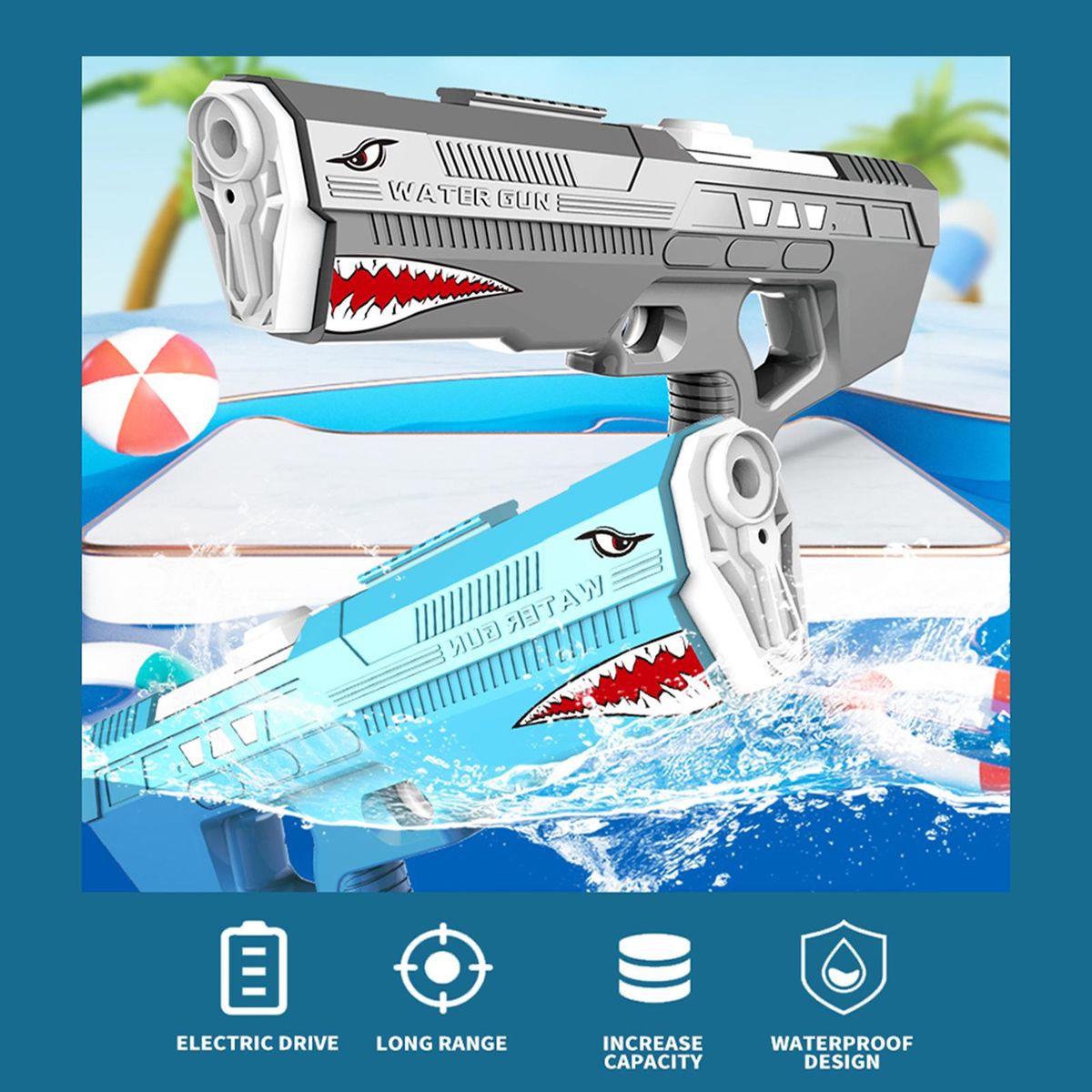 Electric Water Gun, Waterproof Automatic Cartoon Water Gun Outdoor Water Toy for Kids, Adults Grey