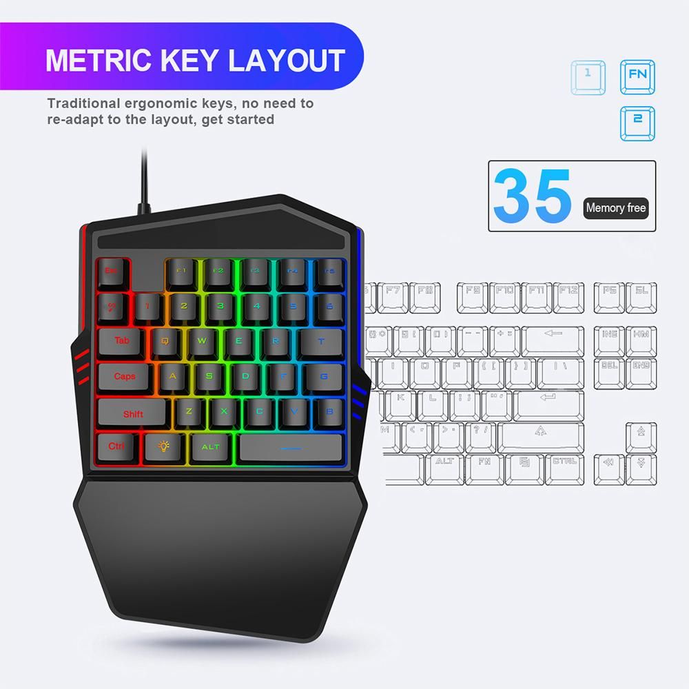 HXSJ One-handed Membrane Keyboard 35 Keys with Backlight Single Hand Gaming Keyboard Ergonomic Design and Anti-ghost Button