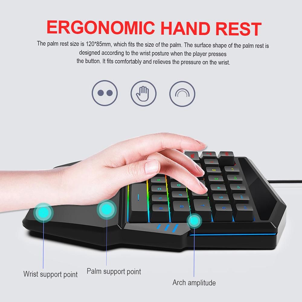 HXSJ One-handed Membrane Keyboard 35 Keys with Backlight Single Hand Gaming Keyboard Ergonomic Design and Anti-ghost Button