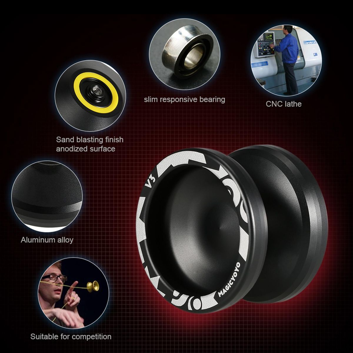 Magic Yoyo V3 Responsive High-speed Aluminum Alloy Yo-yo CNC Lathe with Spinning String for Boys Girls Children Kids Black