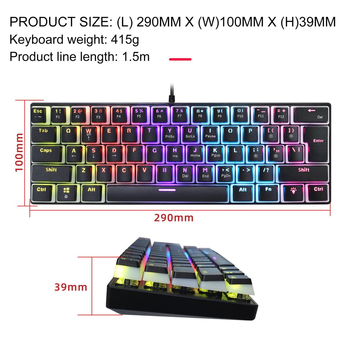 HXSJ Wired Gaming Keyboard 61 Keys 12 Colorful Mixed Backlit Mechanical Keyboard with Mechanical Green Switch Pudding keyCap Support 21-key Conflict-free Input