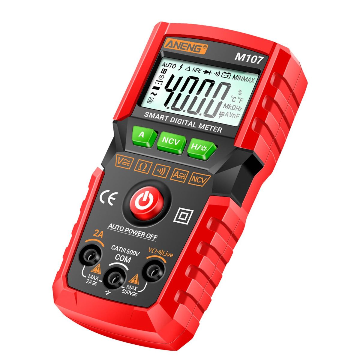 ANENG M107 Smart Digital Multimeter 4000 Counts NCV Universal Meter Handheld Multifunctional Tester Voltmeter Ammeter with Backlight Flashlight AC/DC Voltage & Current Resistance Measurement Zero Fire Wire Detection