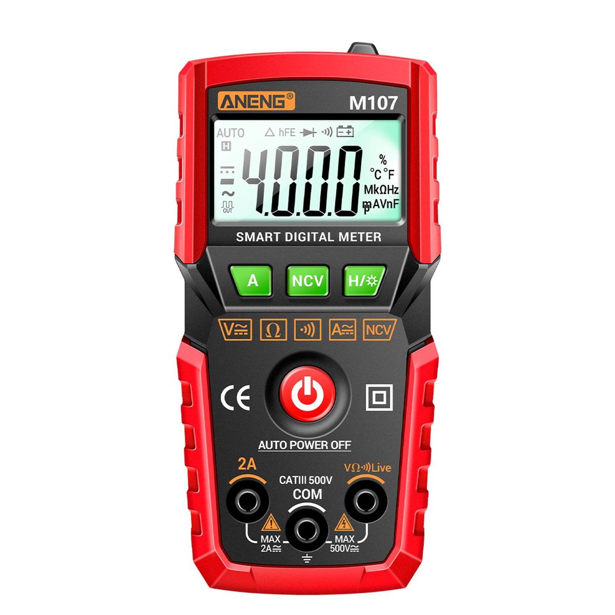 ANENG M107 Smart Digital Multimeter 4000 Counts NCV Universal Meter Handheld Multifunctional Tester Voltmeter Ammeter with Backlight Flashlight AC/DC Voltage & Current Resistance Measurement Zero Fire Wire Detection
