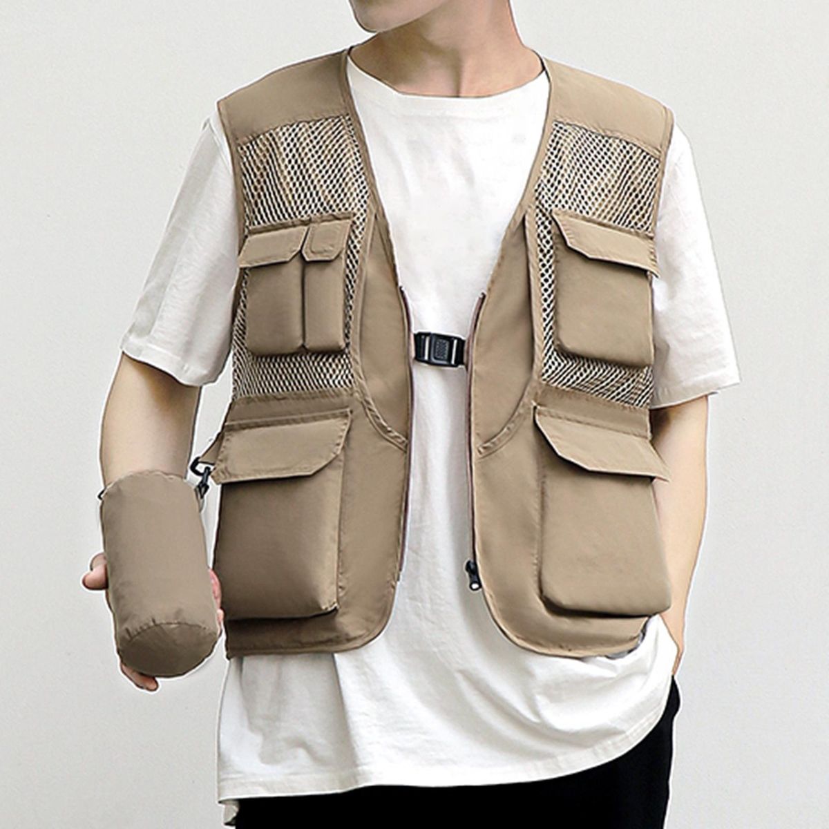 Men Fishing Vest Quick Drying Multi Pockets Khaki M