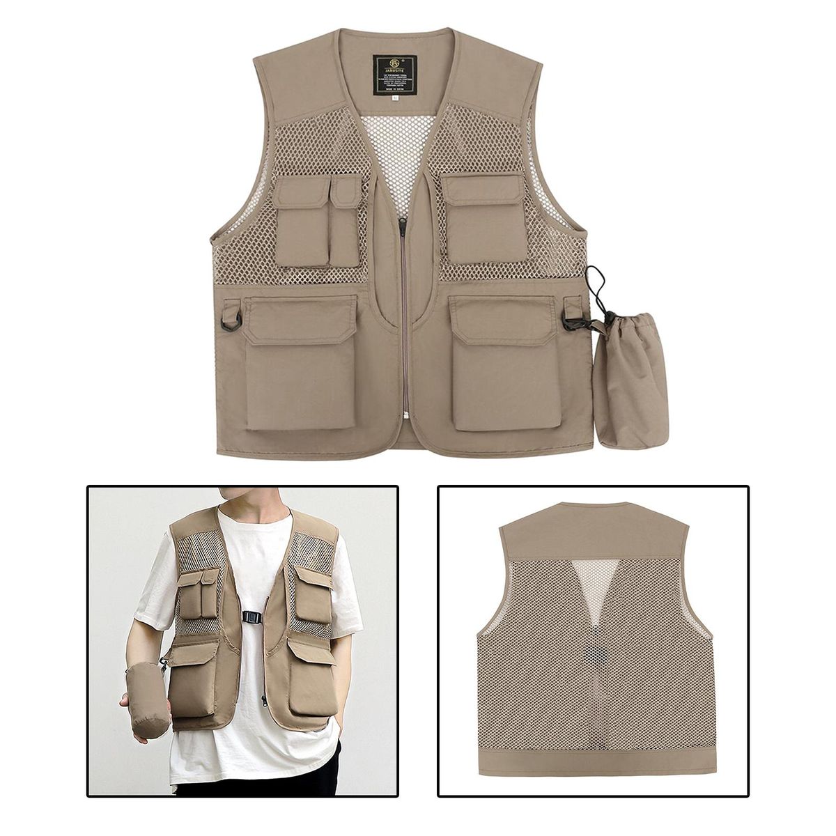 Men Fishing Vest Quick Drying Multi Pockets Khaki M