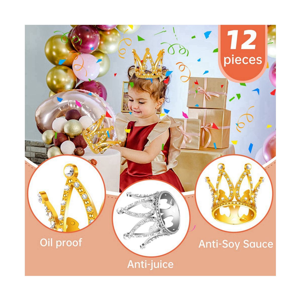 12 PCS Mini Crown Cake Topper,Gold & Silver R