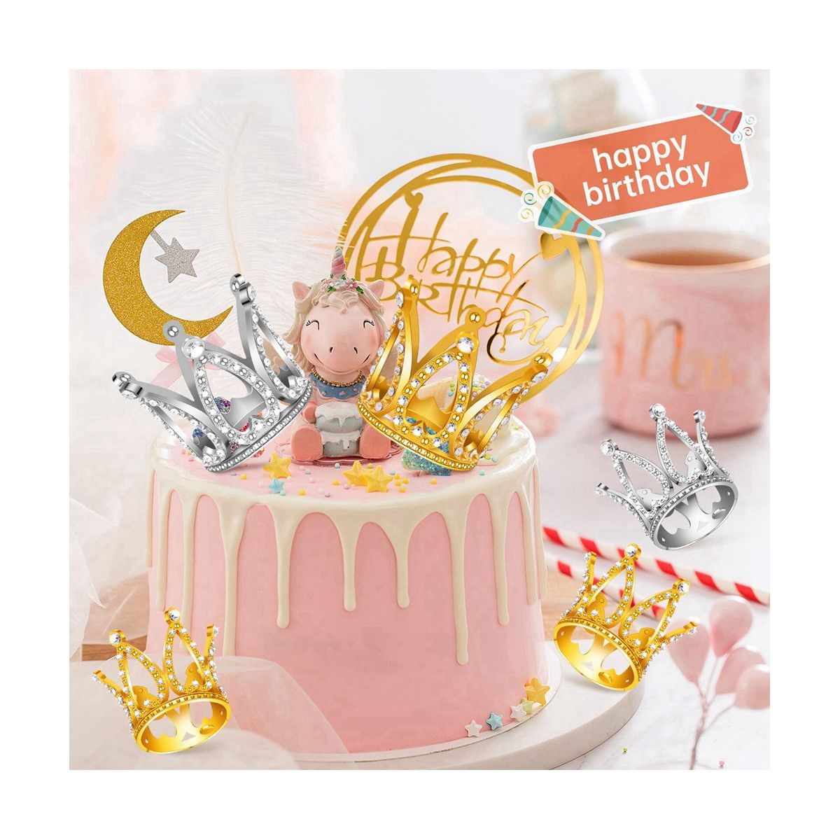12 PCS Mini Crown Cake Topper,Gold & Silver R
