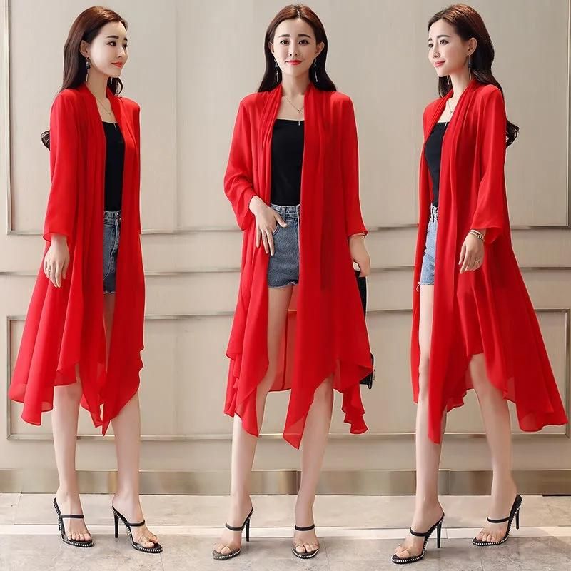Women Clothing Female Summer Thin Section Long Sun Protection Clothing Long Sleeve Shawl Chiffon Cardigan Trend Coat B19