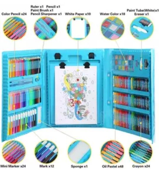 Kid's Drawing Set With Wtercolors Pen & Colour Pencil (208 Pieces).