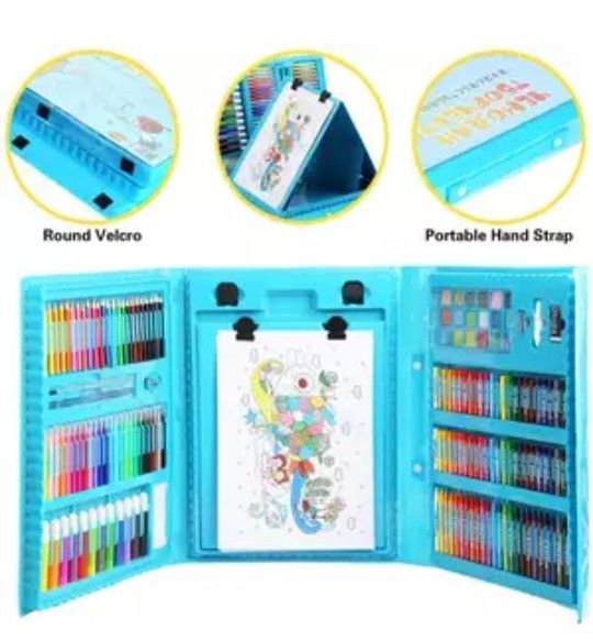 Kid's Drawing Set With Wtercolors Pen & Colour Pencil (208 Pieces).