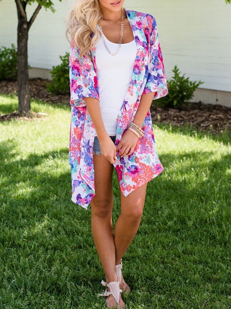 Fashion Women Summer Floral Print Cardigan Short Sleeve Thin