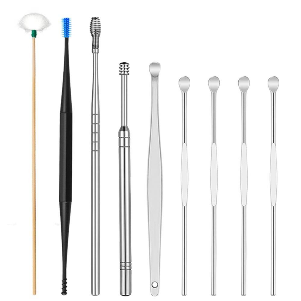 9pcs/set Ear Cleaner Kits Stainless Steel Earpick Wax Remover Curette Goose Feather Ear Pick Ear Cleaner Spoon Spiral Ear Clean Tool