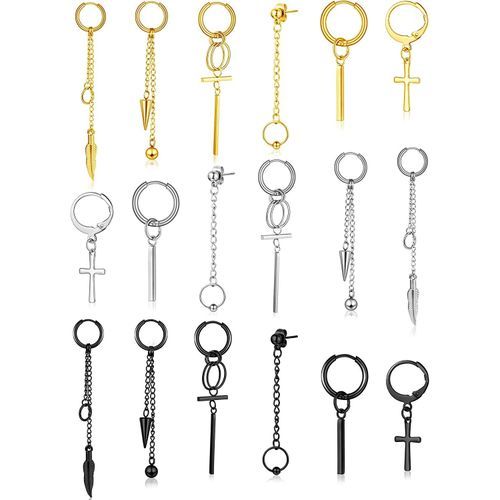 18 Pieces Men Hinged Hoop Dangle Earrings Stainless Steel