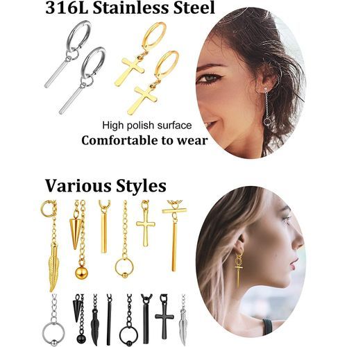 18 Pieces Men Hinged Hoop Dangle Earrings Stainless Steel