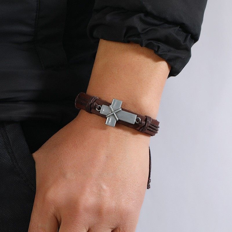 Vintage Handwoven Leather Cross Bracelet