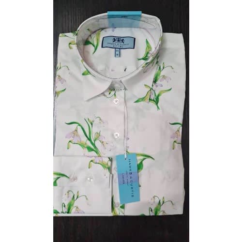 Women's Fitted Floral Print Cotton Stretch Shirt - White & Green