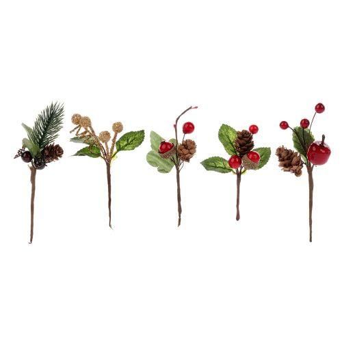 15Pcs Red Christmas Berry And Pine Cone Picks With Holly