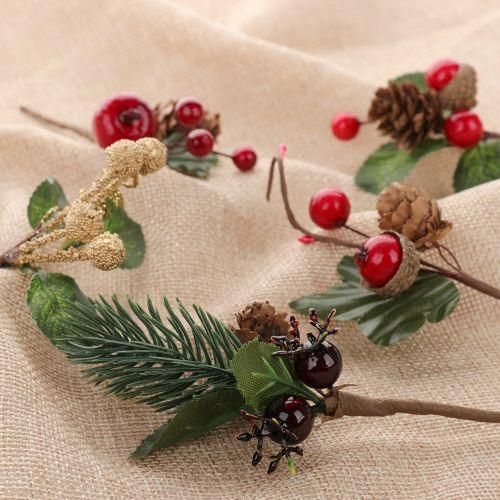 15Pcs Red Christmas Berry And Pine Cone Picks With Holly