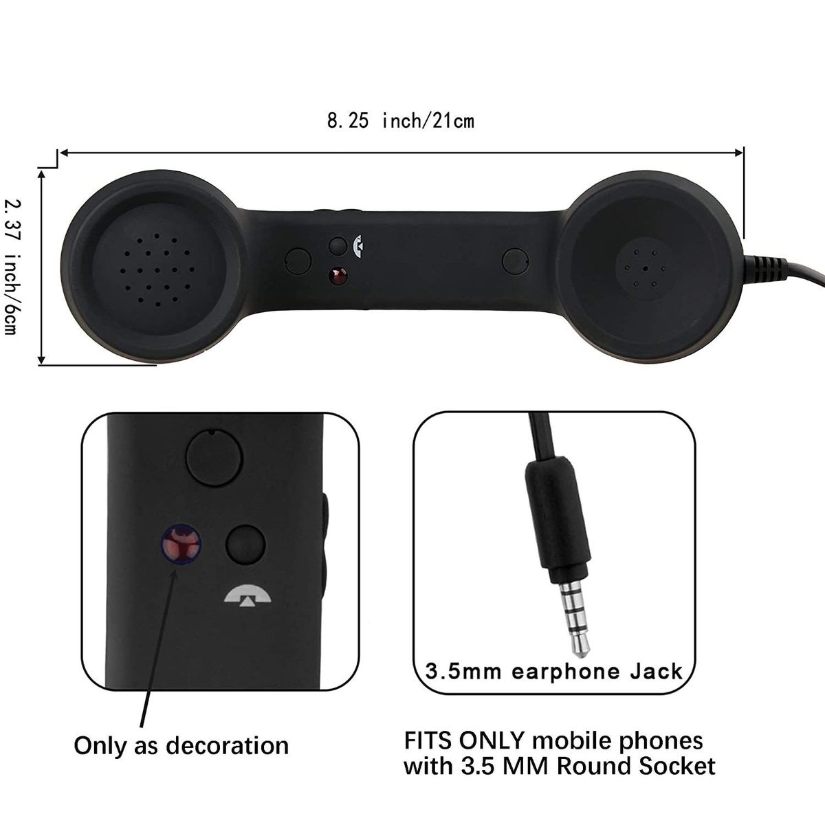Vintage Retro Telephone Handset Cell Phone Receiver MIC Microphone for Cellphone Smartphone 35 mm Socket Black