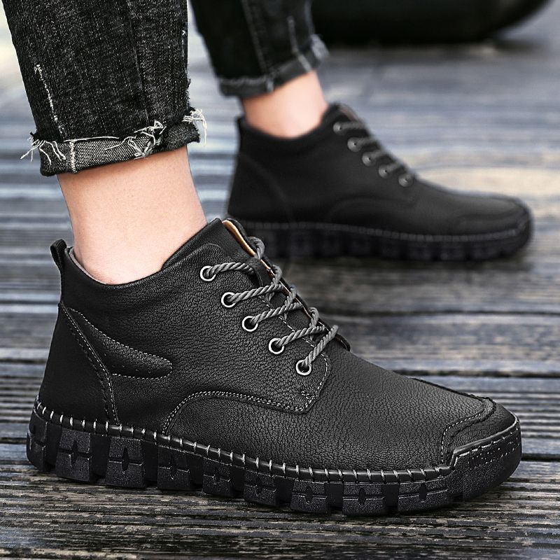Mens Casual Chelsea Leather Trekking Ankle Boots Shoes-Black