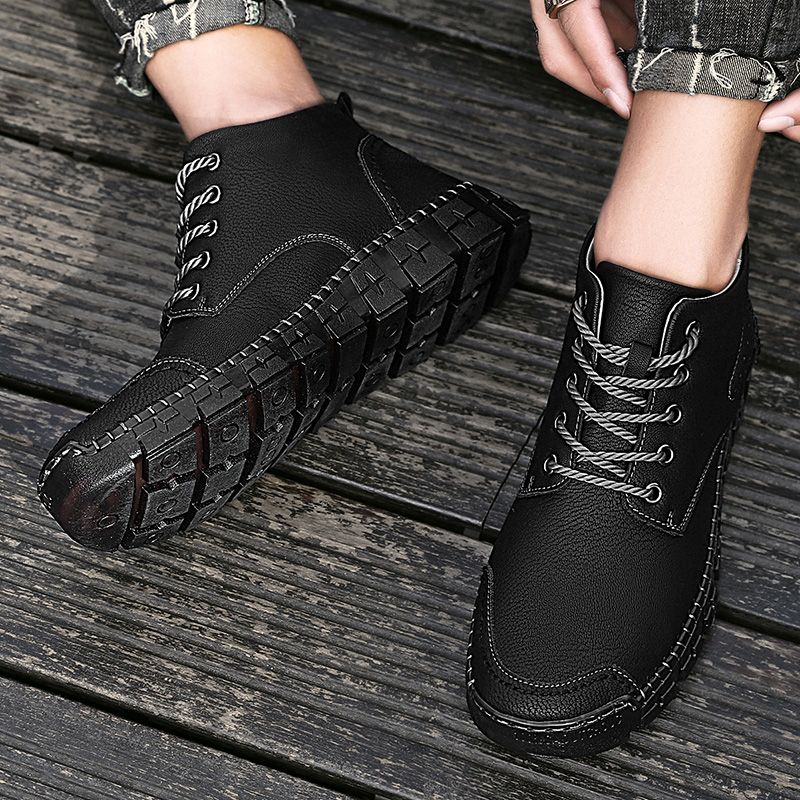 Mens Casual Chelsea Leather Trekking Ankle Boots Shoes-Black