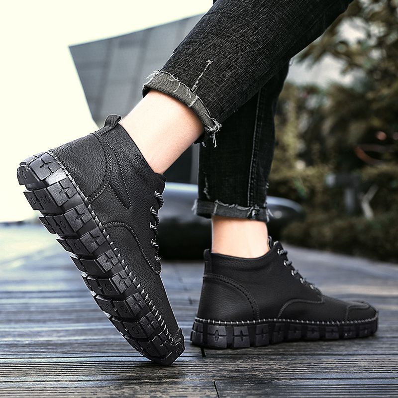 Mens Casual Chelsea Leather Trekking Ankle Boots Shoes-Black
