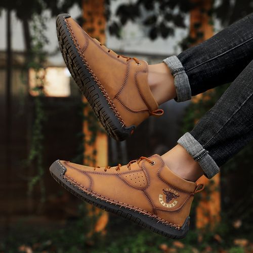 Men's Casual Climbing Hiking Leather Ankle Boots Shoes-Brown