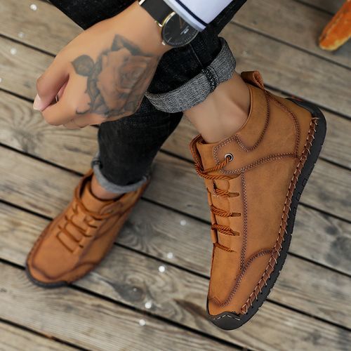 Men's Casual Climbing Hiking Leather Ankle Boots Shoes-Brown