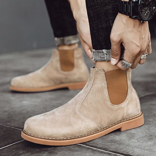 Mens Casual Leather Trekking Martin Ankle Boots Shoes-Beige