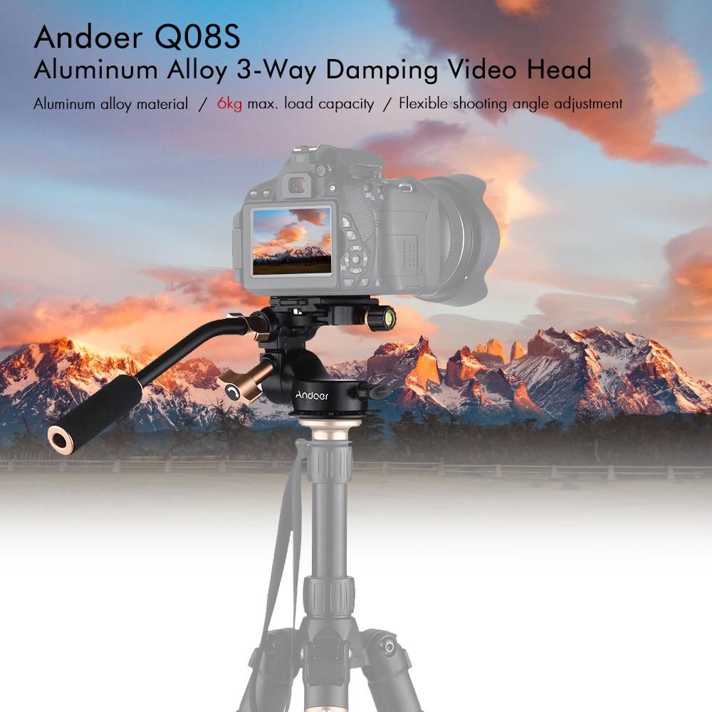Andoer Q08S Aluminum Alloy 3-Way Damping Video Head Tripod Head with Pan Bar Handle Support 360° Panoramic Shooting 1/4" Screw Mount 3/8" Screw Hole for DSLR ILDC Camera for Tripod Monopod Max. Load 6kg