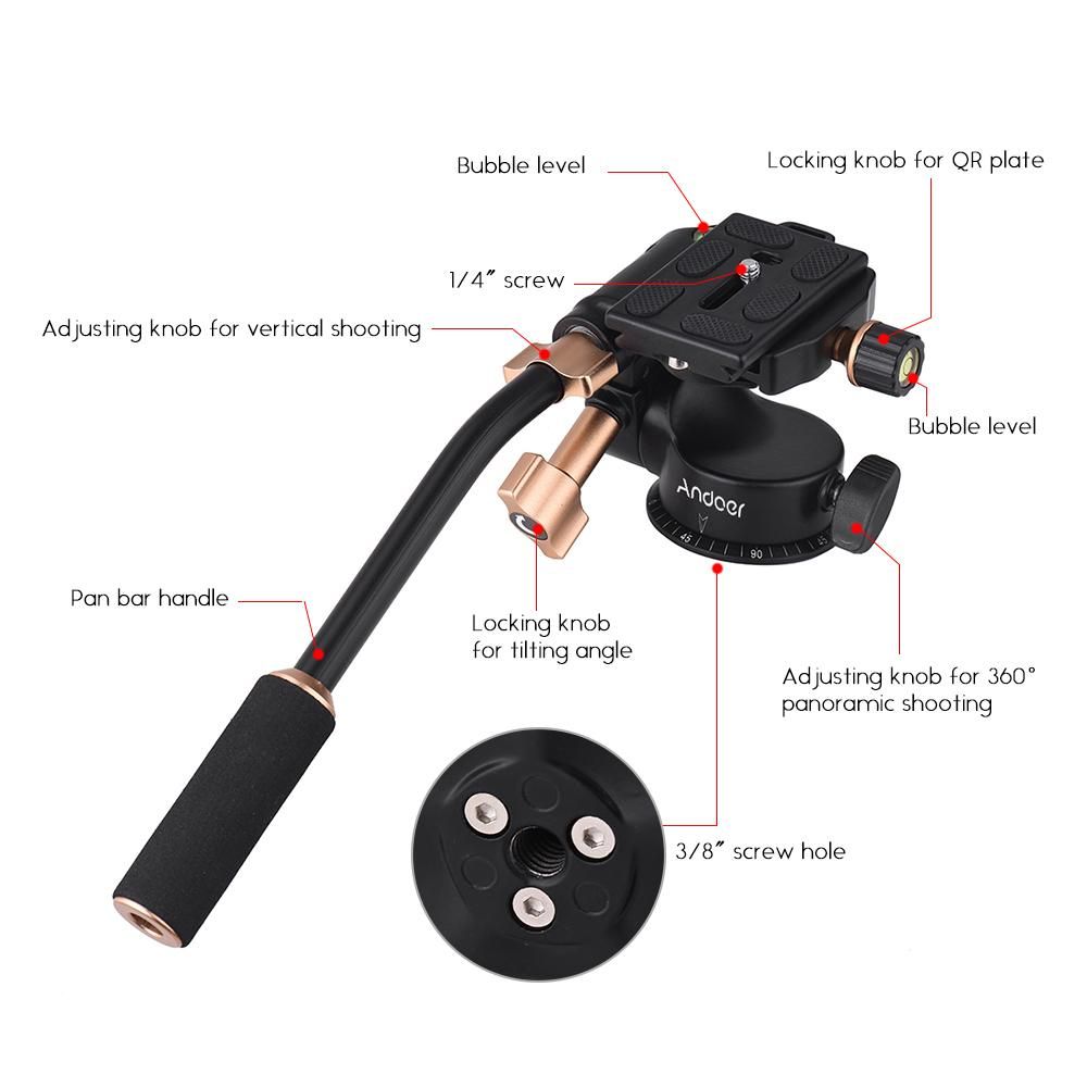 Andoer Q08S Aluminum Alloy 3-Way Damping Video Head Tripod Head with Pan Bar Handle Support 360° Panoramic Shooting 1/4" Screw Mount 3/8" Screw Hole for DSLR ILDC Camera for Tripod Monopod Max. Load 6kg