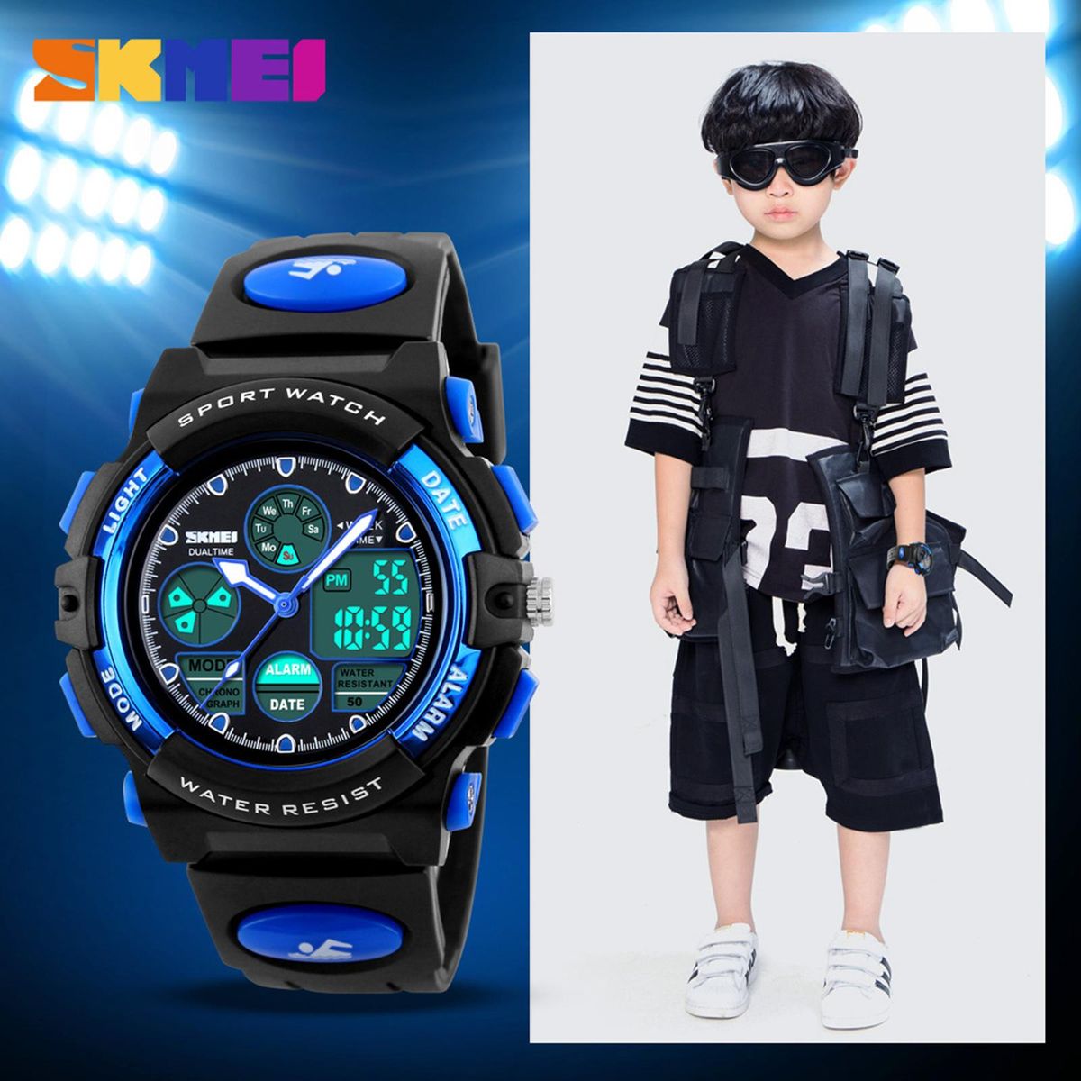 SKMEI High Quality Children Sports Wristwatch Dual Movements 5ATM Water-proof Kids Watch with Alarm Chronograph Back Light