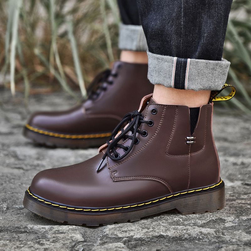 Mens Ankle Top Boots Martin Booties-Brown