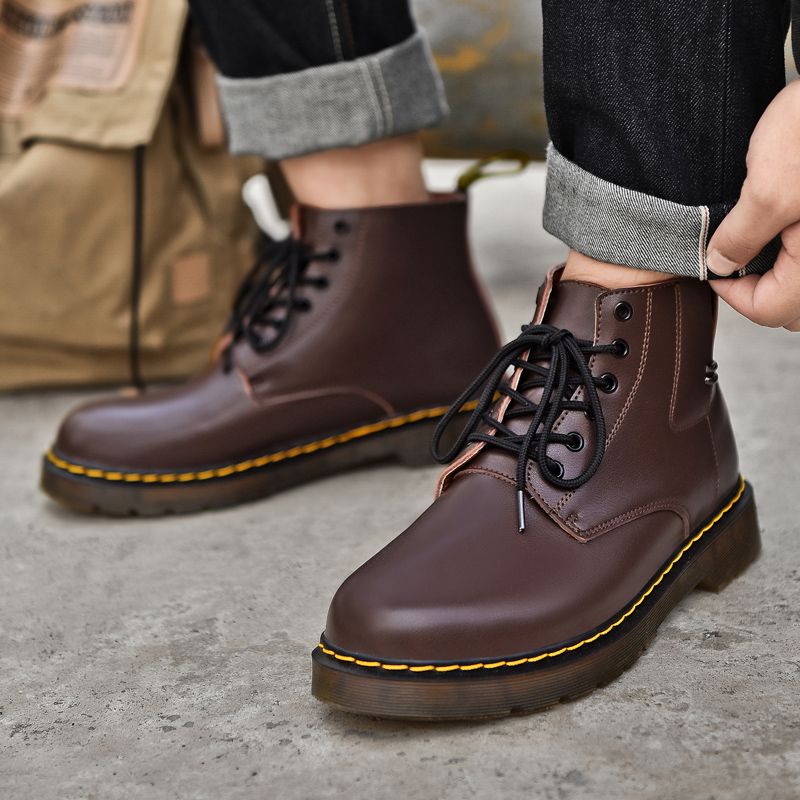 Mens Ankle Top Boots Martin Booties-Brown