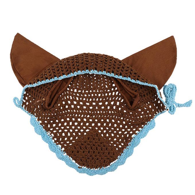 Soft Cotton Hand Crochet Breathable Fly Veil With Ears For Horse Brown