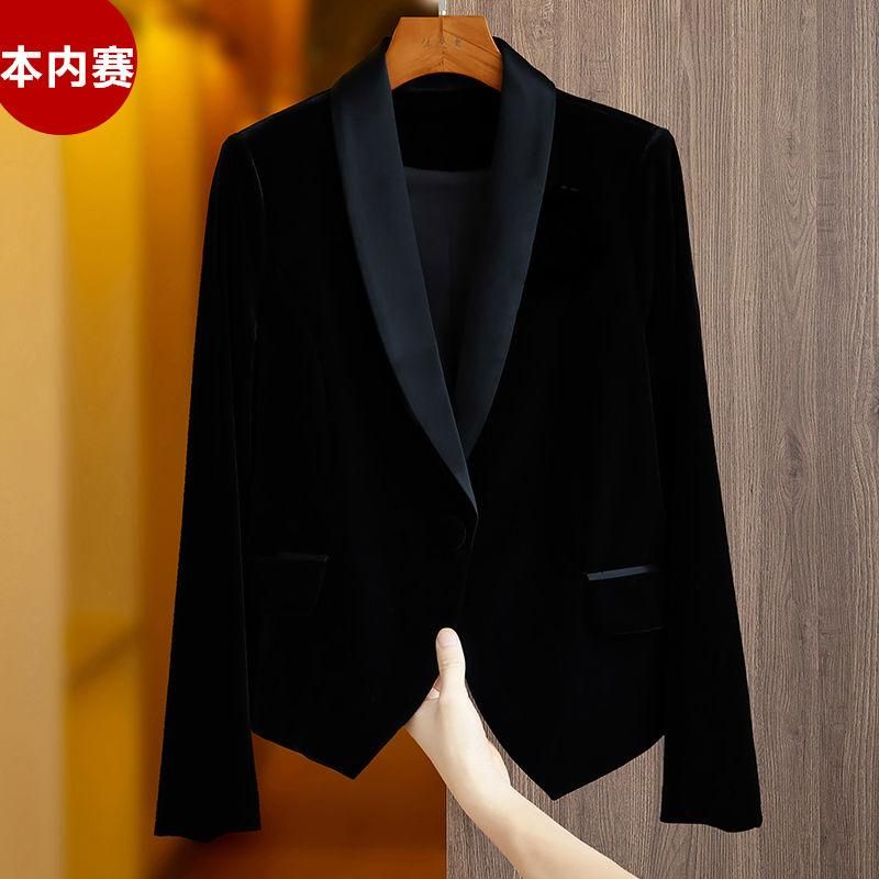High-End Socialite Temperament Wild plus Size Black Velvet Short Suit Coat Female 2023 Spring and Autumn Top