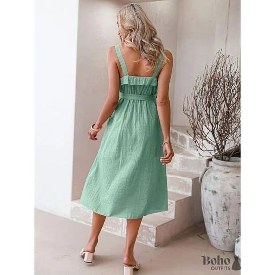 Women Spaghetti Strap Casual Ruffled High Waist Lace-up Party Dress - Mint Green