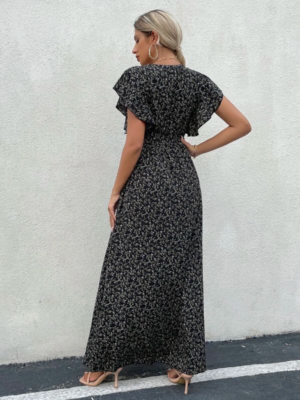Ladies Plants Print Butterfly Sleeve Wrap Dress - Multicolour