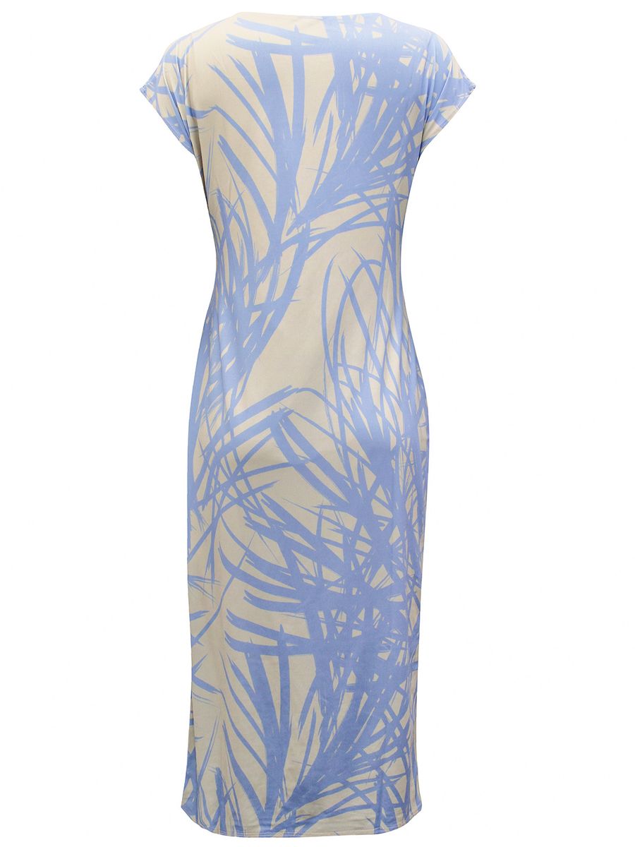 Printed Short Sleeve Side Tie Midi Dress- BLUE MULTICOLOUR