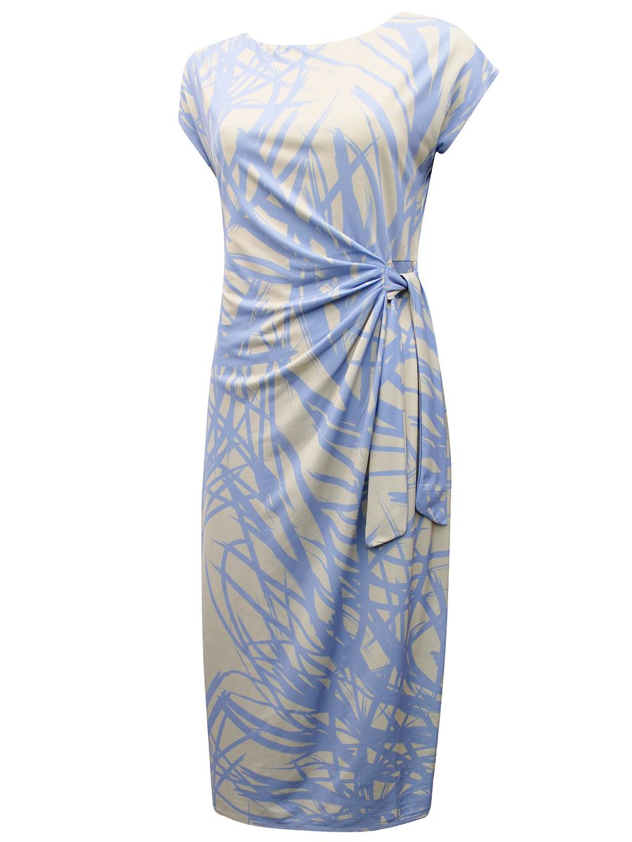 Printed Short Sleeve Side Tie Midi Dress- BLUE MULTICOLOUR