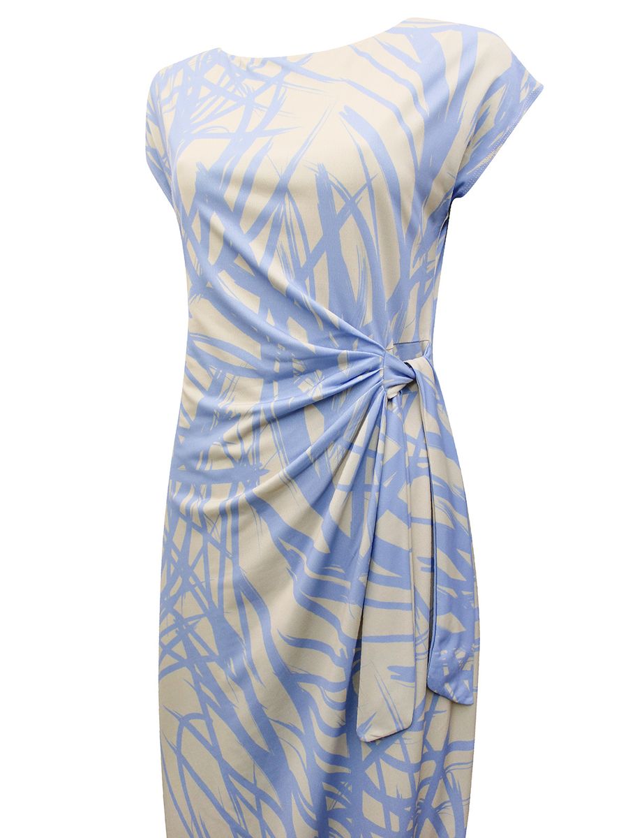 Printed Short Sleeve Side Tie Midi Dress- BLUE MULTICOLOUR