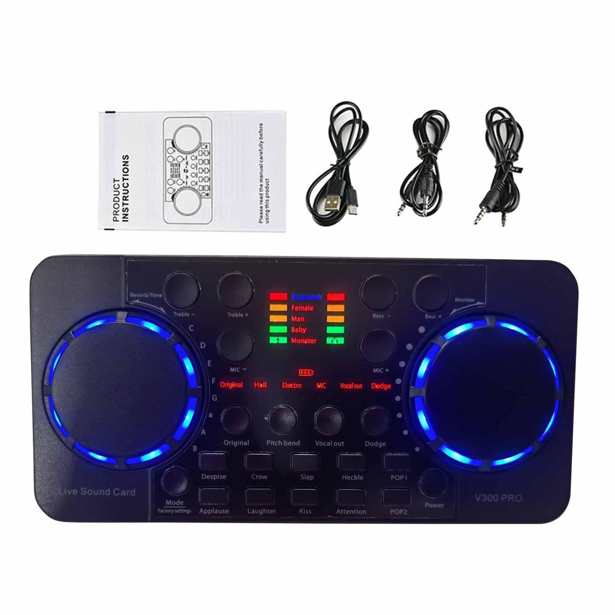 V300 Pro Live Sound Card Multifunctional Rechargeable BT Sound Card for Singing/Live Broadcasting/ Recording Voice and Music Compatible with Computer and Smart Phone