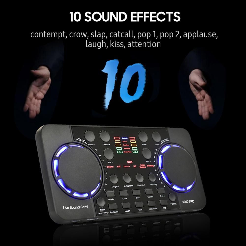 V300 Pro Live Sound Card Multifunctional Rechargeable BT Sound Card for Singing/Live Broadcasting/ Recording Voice and Music Compatible with Computer and Smart Phone
