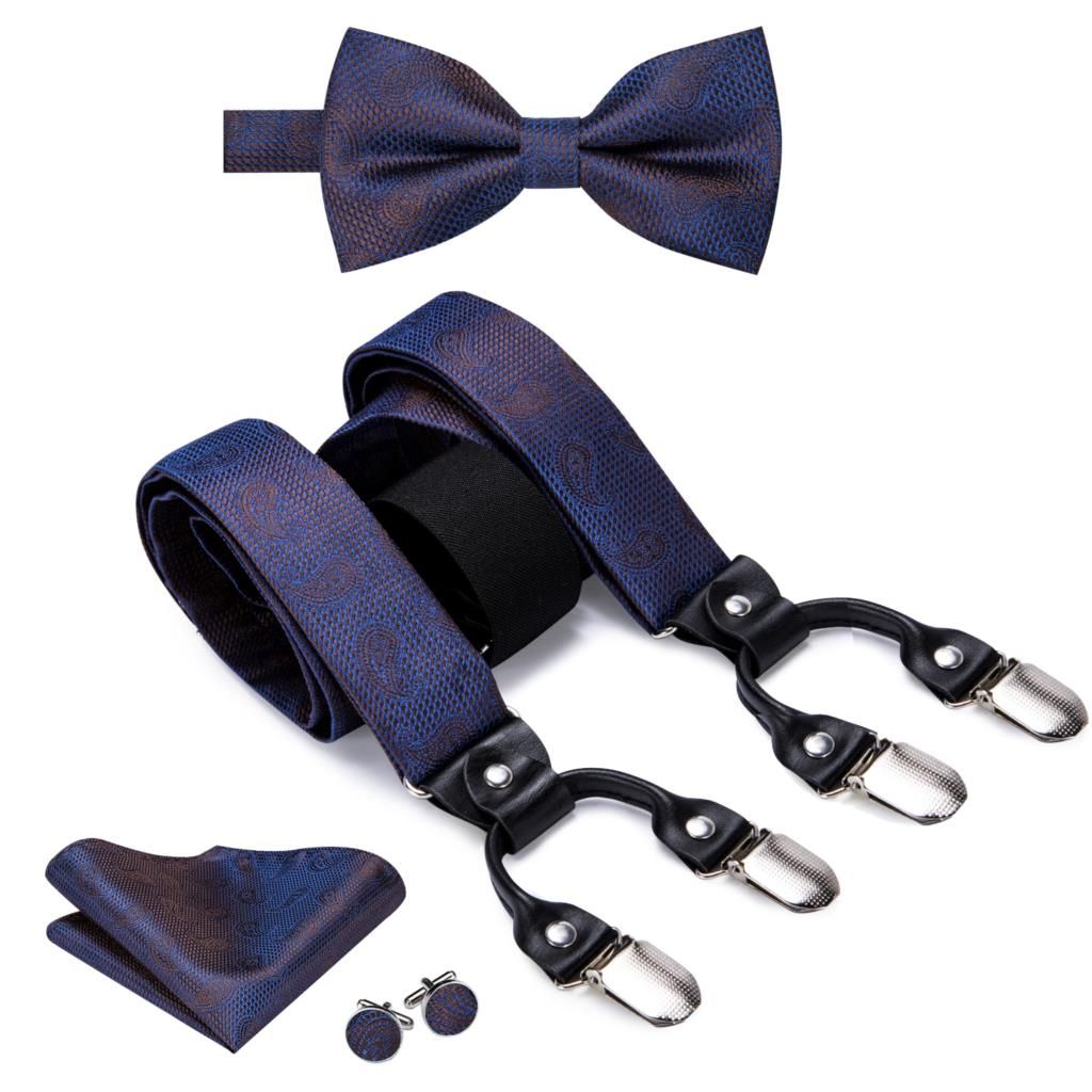 Jacquard Silk Mens S Bowtie Hanky Cufflinks Set Adjustable Suspender Bow