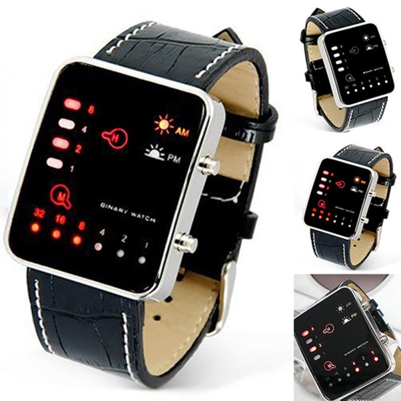 Men\'s Fashion Sports Digital Binary LED Display Faux-Black