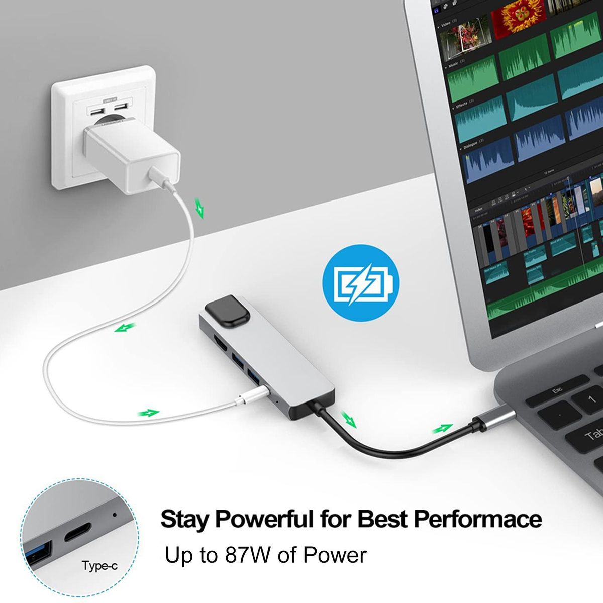 2007 5-in-1 USB C Hub Multi-function Type C Docking Station with 4K@30Hz H*M*+USB3.0/2.0+RJ45+87W Power Delivery Ports for Laptops Tablets Smartphones with Type C Port