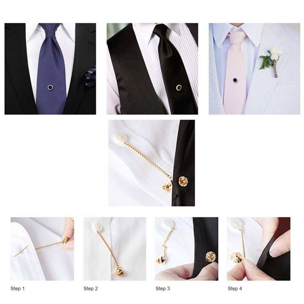 Mens Tie Tack Pins Brooch Lapel Pin Collar Pin With Chain Mini Silver