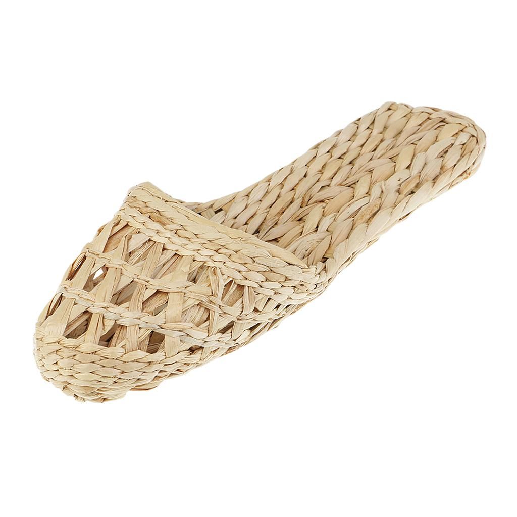 1 Pair Of Hand Knitted Straw Rattan Slippers - Natural, Size 38