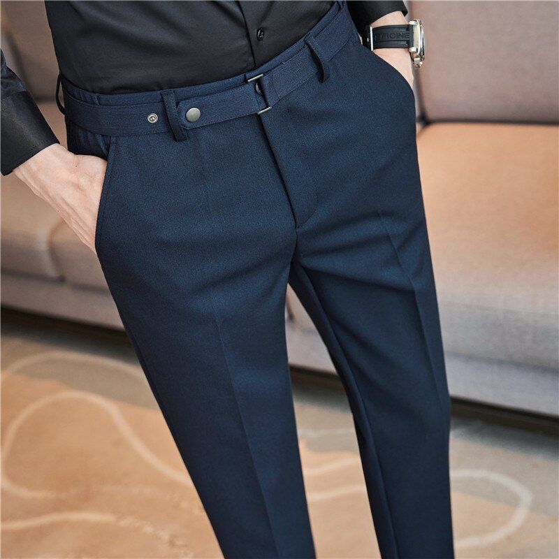 Plus Size 38 36 Fashion Belt Design Pinstripes Men Formal Trousers Simple Slim
